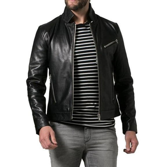 Noora Men&rsquo;s fitted Black Lambskin Leather Jacket with zipper pockets BS4