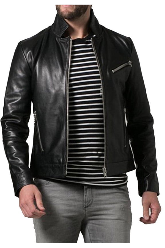 Men’s fitted Black Lambskin Leather Jacket with zipper pockets BS4