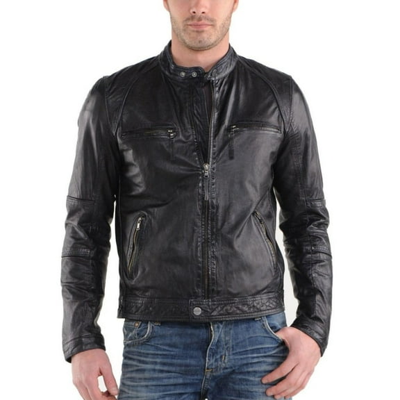 Noora Men's Black Lambskin Leather Jacket  With Zipper  & Pocket Designer Black Motorcycle biker Leather Jacket SU030