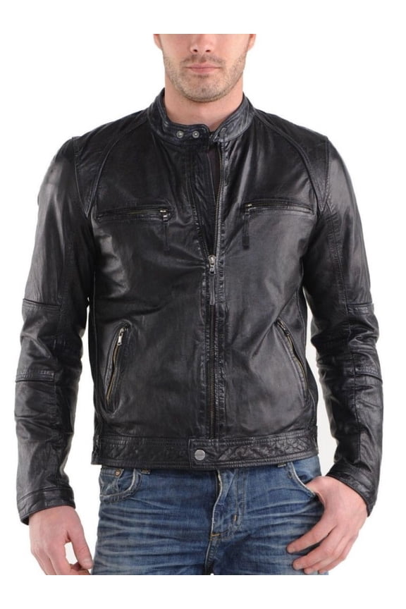 Men's Black Lambskin Leather Jacket  With Zipper  & Pocket Designer Black Motorcycle biker Leather Jacket SU030