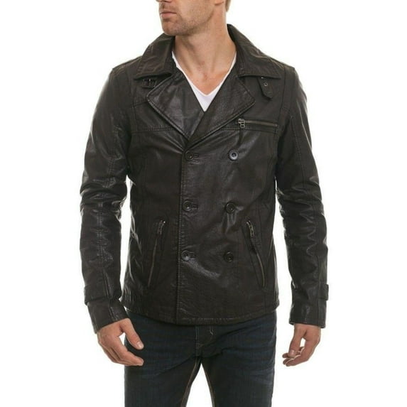 Noora Men's Black Notched collar leather jacket With Belted Designer Button With Zipper Pocket Biker Rider Jacket SU015