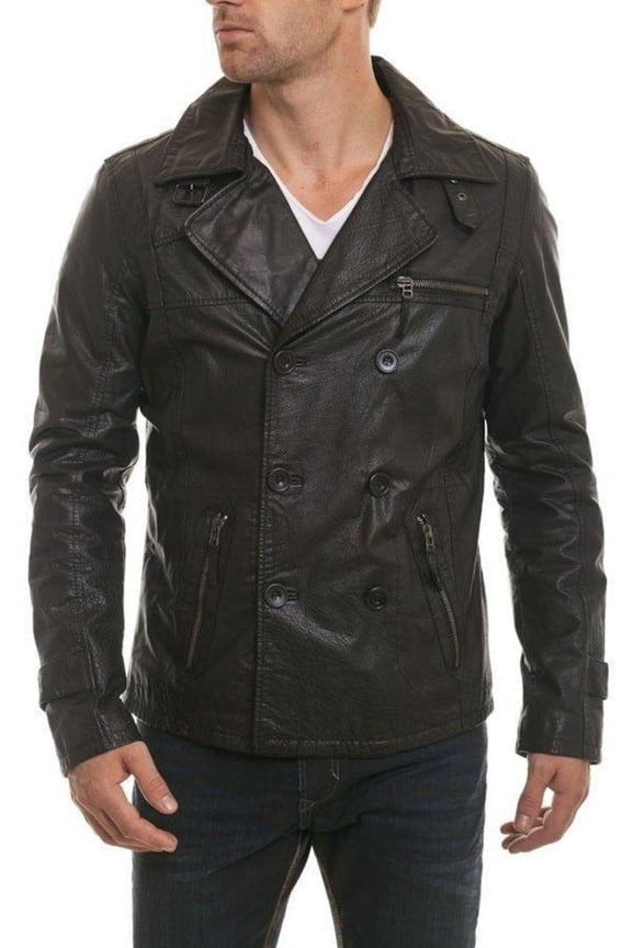 Men's Black Notched collar leather jacket With Belted Designer Button With Zipper Pocket Biker Rider Jacket SU015