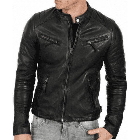 Noora Men's Leather Jacket Black | Handmade Motorcycle Cafe Racer Riding Leather Jacket | Zipper & Zipped Pockets | ST09