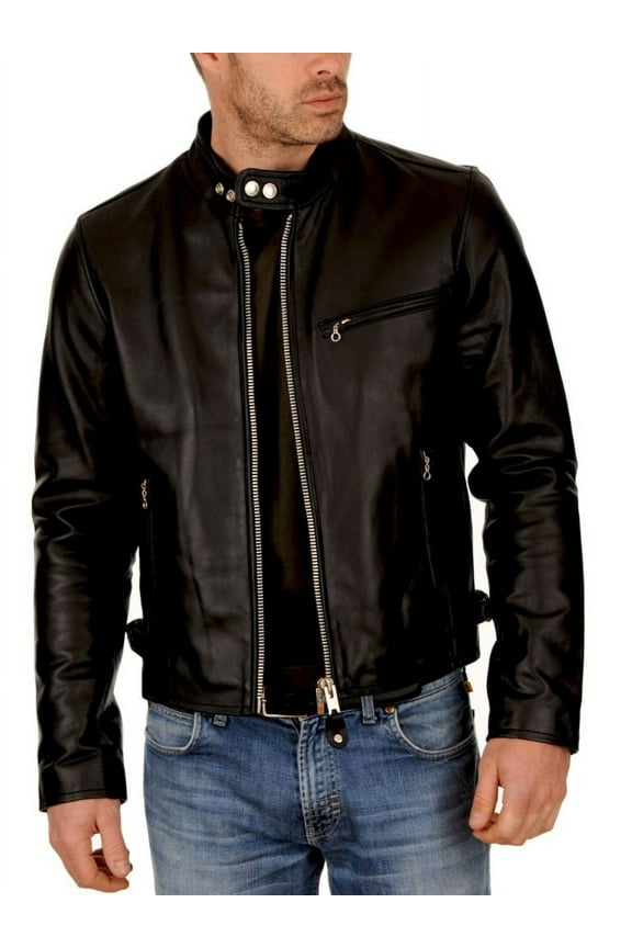 Men's Real Sheepskin Leather Jacket Black, Mens Black Biker Leather Jacket with Chinese Collar, Personalised Gift for him