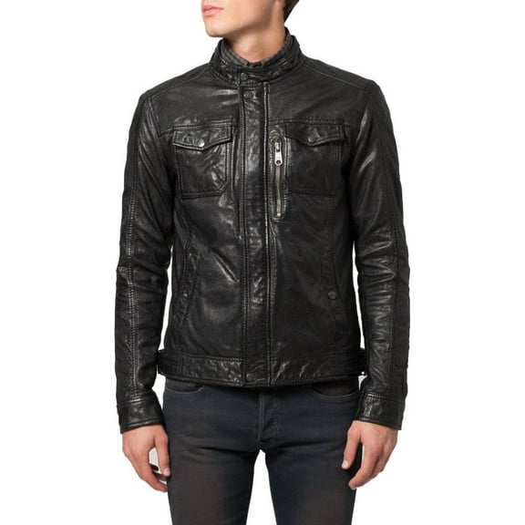 Noora New Men’s Fitted Black Leather Jacket With Pockets BS6