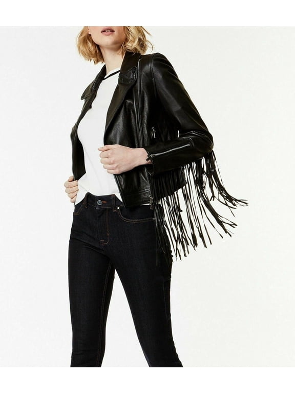 New Women Leather Lambskin Crop Jacket Black Fringe Biker Motorcycle