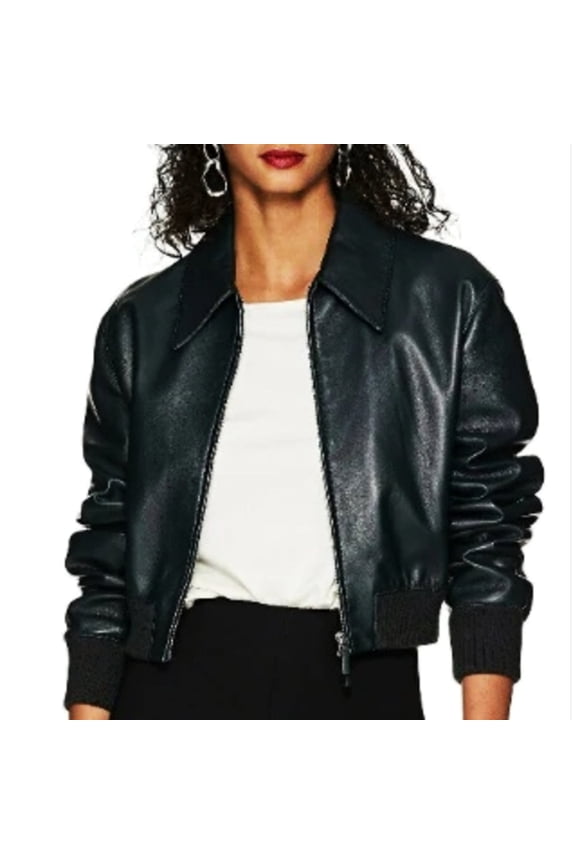 Noora New Womens Cropped Leather Jacket , Black Leather Jacket , Biker Jacket, Casual Party Wear Jacket With Zipper UN18
