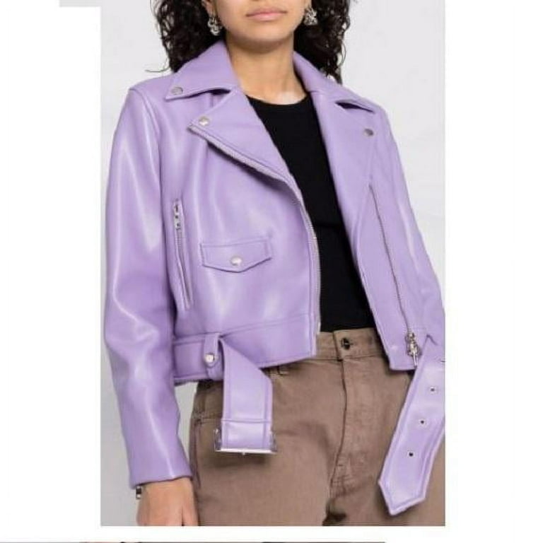 Noora Real Women's Biker Jacket with Zipper, Lavender Lambskin