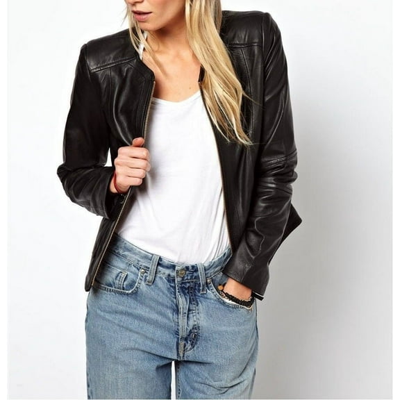 Noora Women&rsquo;s solid black biker Motorcycle leather jacket ST0275