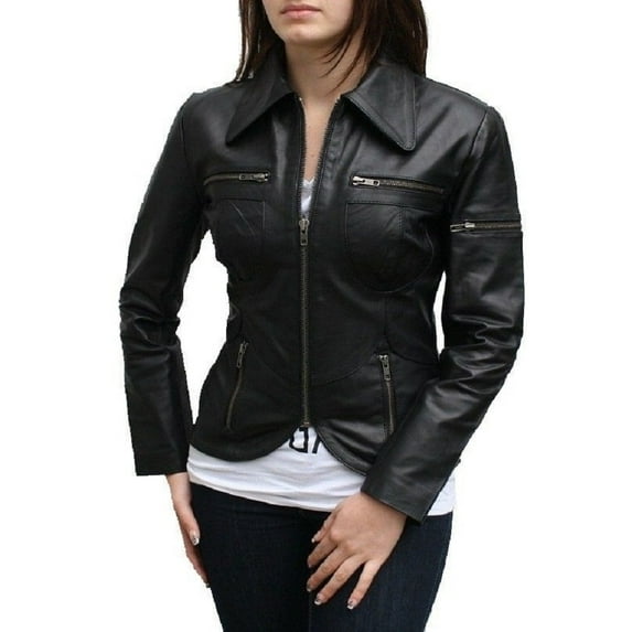 Noora Women’s Black Color Leather Jacket Moto Biker Outwear Slim Fitted Jacket for Women