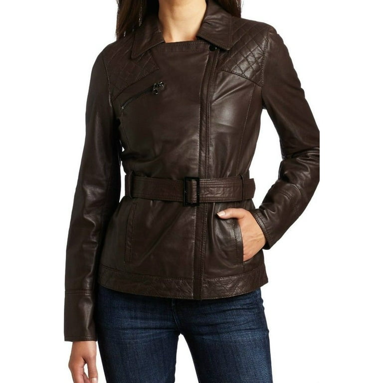 Noora Women s Brown Biker Leather Jacket with Belt ST0269