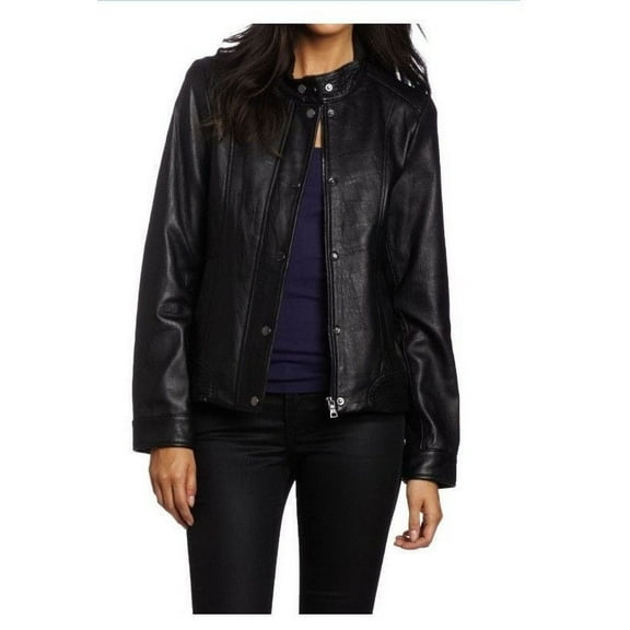 Noora Women's Button up and Collared black leather jacket ST0286