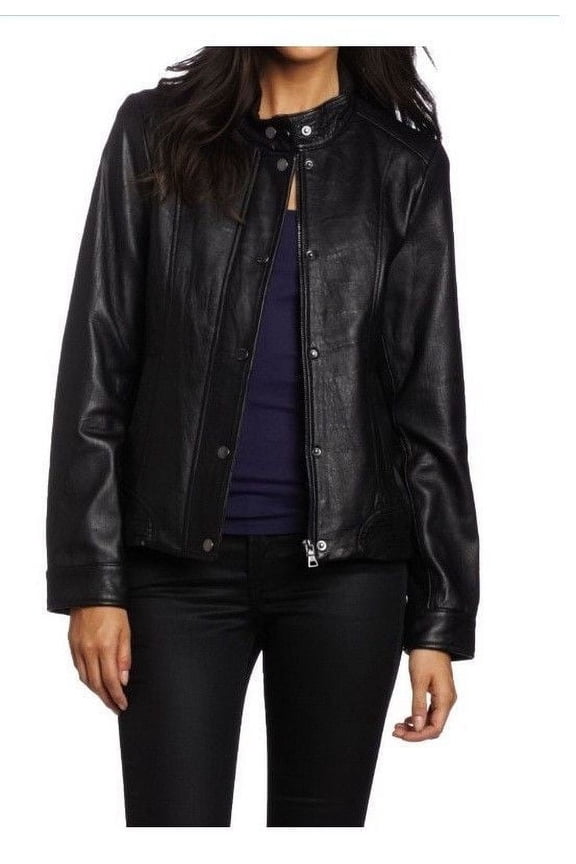 Women's Button up and Collared black leather jacket ST0286