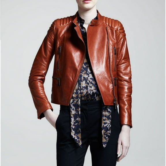 Noora Women's Detailed Burnt Orange Quilted Biker leather jacket ST0307