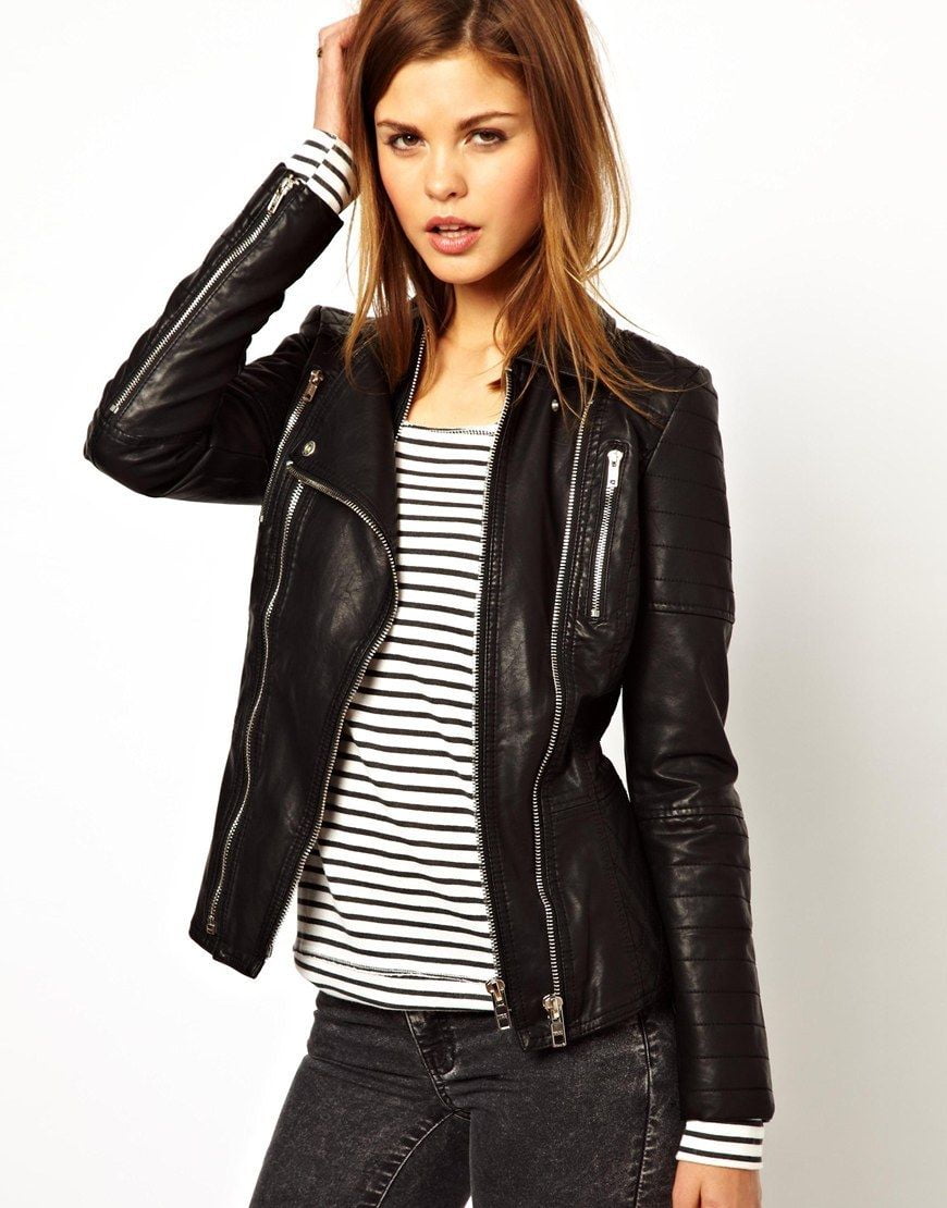 Noora Women's Doubles zipper black leather jacket , Biker Style