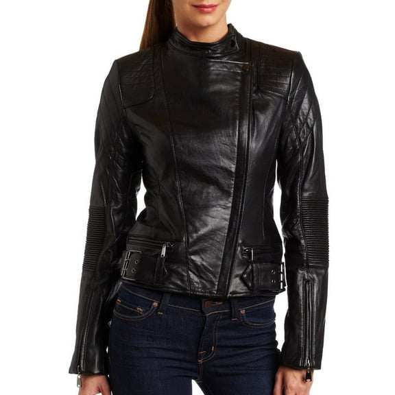 Noora Women's Lambskin Leather Jacket Slim Moto Biker Jacket Outerwear Long Sleeve Zipper Short Jacket Black ST0288