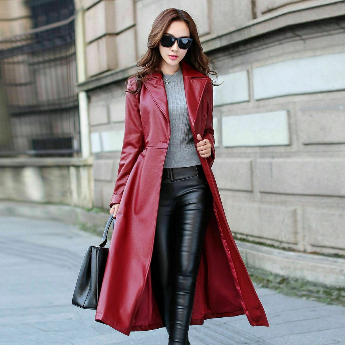 Noora Women's Stylish Lambskin Leather Red Color Trench Coat