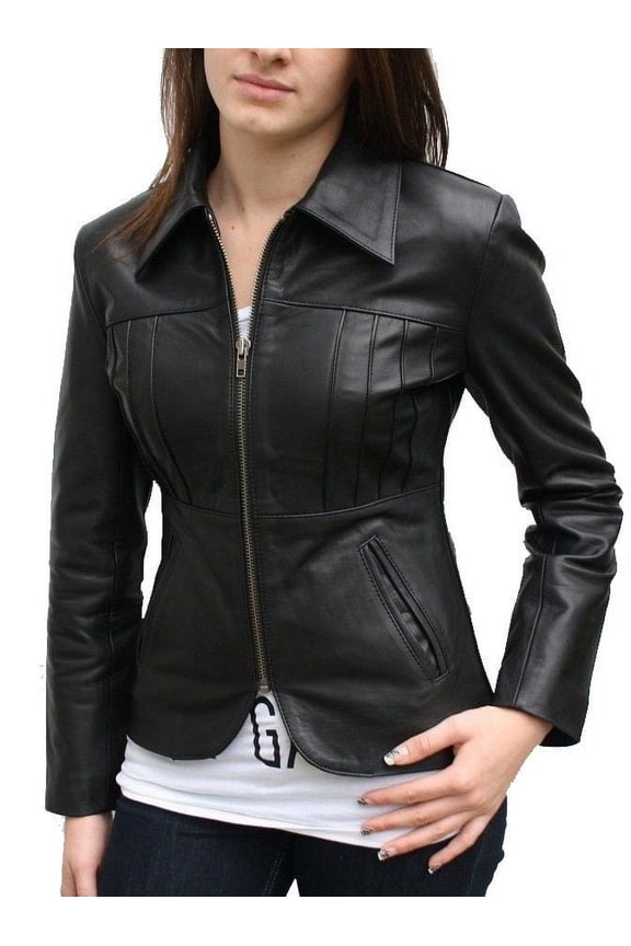 Women's lambskin black fitted leather jacket with winged collar ST0244