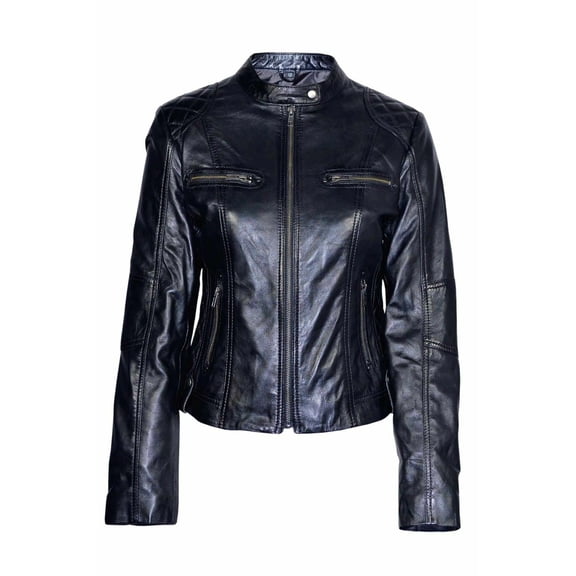 Noora Womens Ladies Real Lambskin Black Leather Racing Style Biker Jacket NEW L24