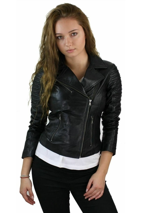 Womens Ladies Real Soft Black Leather Racing Style Biker Jacket NEW L26