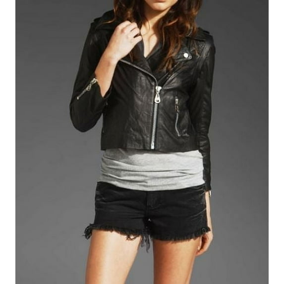 Noora women's black cropped leather jacket with Hoody ST0204