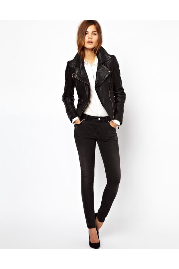 women's fitted black motorcycle leather jacket ST0246