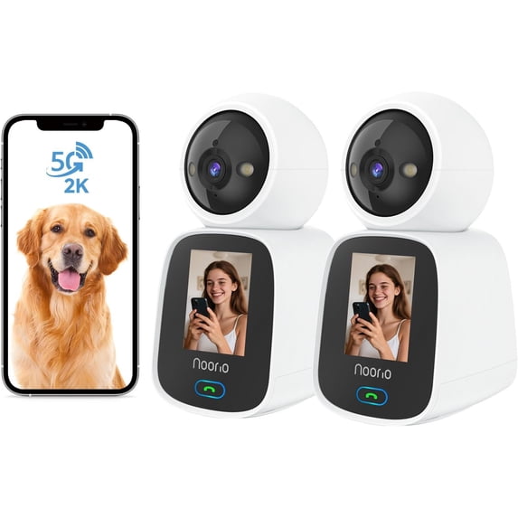Noorio 5G Two Way Video Calling Camera, One Click Call 2K Pet Camera with Phone App, 360° PTZ Dog Cam with Speaker, Color Night Vision, 2.4 Inch Screen, CL200 2Pcs