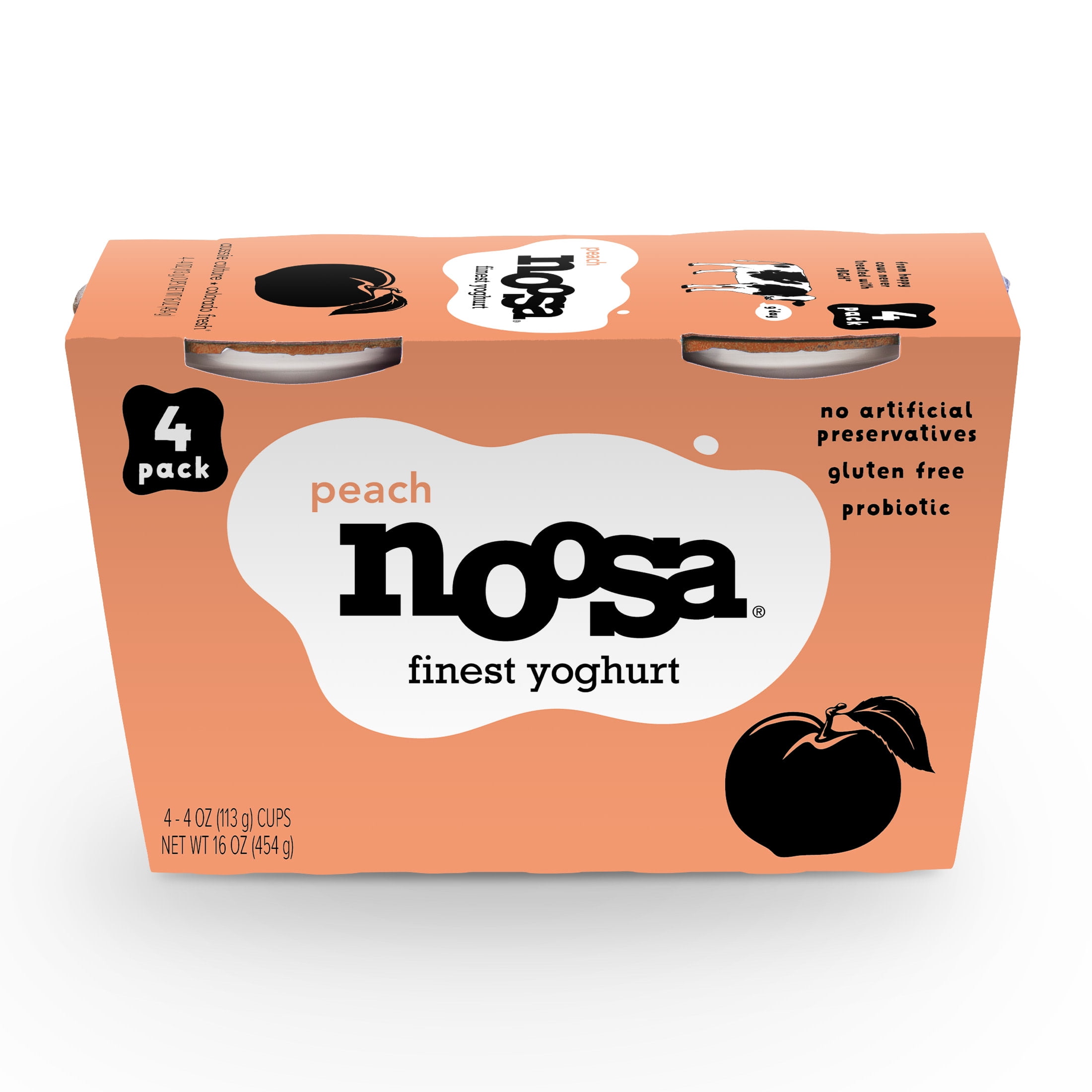 Noosa Yoghurt, Whole Milk Yogurt, Velvety Smooth & Creamy, Peach, 4 oz, Pack of 4