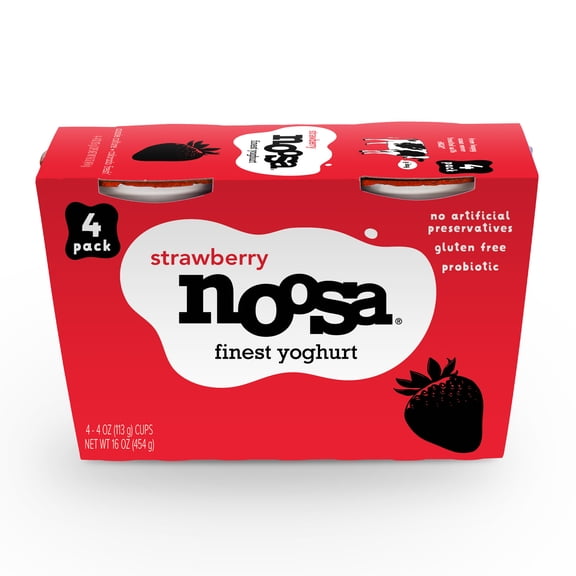 Noosa Yoghurt, Whole Milk Yogurt, Velvety Smooth & Creamy, Strawberry, 4 oz, Pack of 4