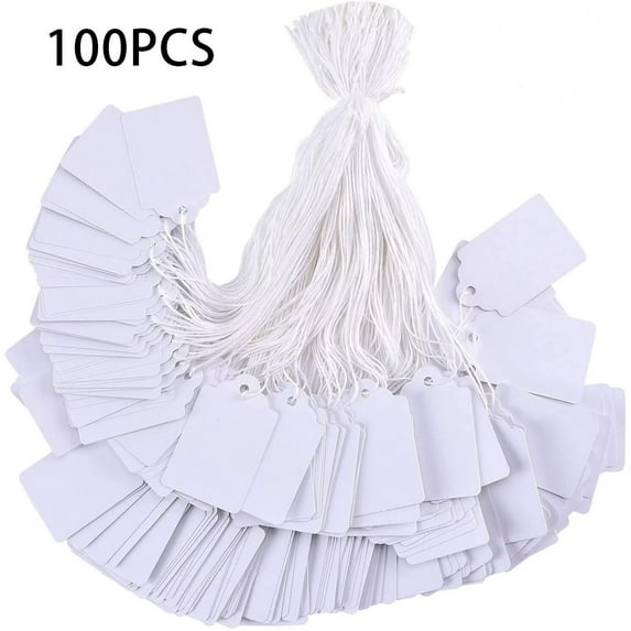 Noothes 100pcs White Paper Card Merchandise Tags, Pre-Knotted String Hang Tags, Writable Smooth Surface Label for Pricing/Jewelry/Clothing (1.75x1.093 In)