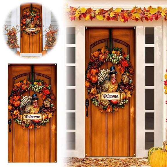 Noothes 35x71 Inch Thanksgiving Door Cover with Autumn Festival Scene, Polyester Thanksgiving Wall and Door Decoration for Fall Home Accent