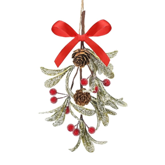 Noothes Artificial Christmas Mistletoe Hanging Bunch with Glitter and Bow, Festive Green Mistletoe Ornament for Holiday Doorway and Ceiling Decor