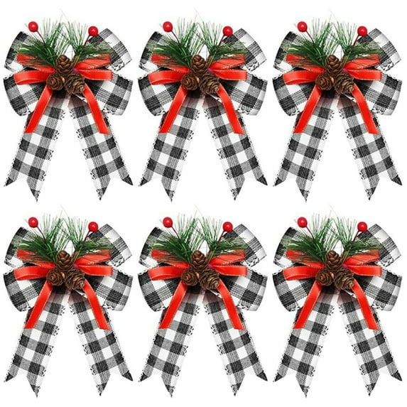 Noothes 6-Piece Christmas Buffalo Check Bows with Pinecones and Needles for Tree Wreath Decor Indoor Outdoor Holiday Gift Package Winter Decorations