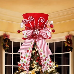 Noothes Candy Cane Christmas Tree Topper - Handmade Red Velvet Hat with Peppermint Bows Ribbon, Compressible Design Fits Most Trees (8" Tall x 8" Wide), Holiday Decor Gift for Home Party