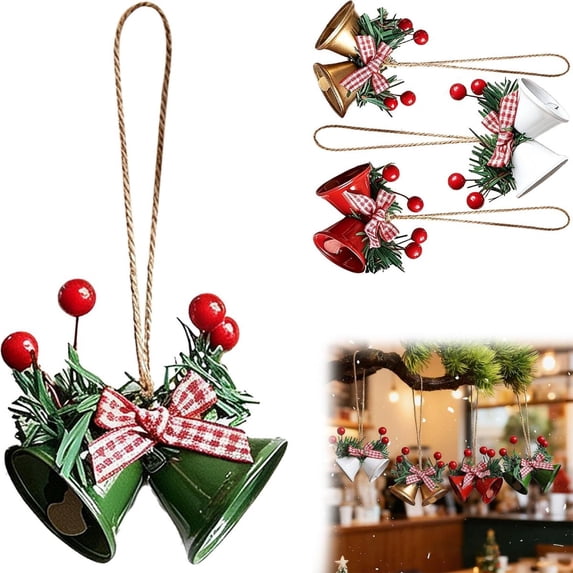 Noothes Christmas Tree Ornaments Metal Double Horn Bell Pendant Vintage Christmas Decor for Window Display Handmade DIY Mini Bells Rustic Home