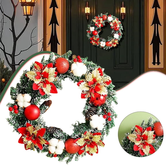 Noothes Christmas Wreath with LED Lights | Red & Gold Ornaments Battery-Operated Holiday Decor for Front Door Indoor/Outdoor Use, Premium Pre-Lit Garland with Energy-Efficient Micro LEDs