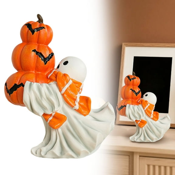 Noothes Cute Ghost with Pumpkin Decor - 8 Inch Hand-Painted Resin Figurine, Whimsical Halloween Table Centerpiece|Glowing Jack-O-Lantern Accent|Gift Ready Shelf Display