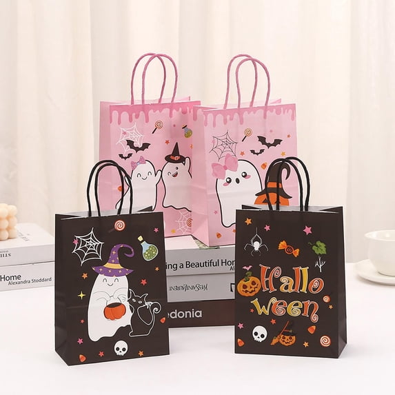 Noothes Halloween Goodie Bags with Handles 4 Design Paper Pumpkin Trick or Treat Bags for Halloween Party Favors Goody Bags and Small Reusable Bag
