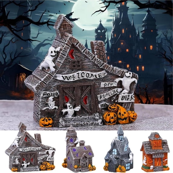 Noothes Halloween Village House Figurine with Ghost Pumpkin, Resin Halloween Decorations Miniature Collectible for Indoor Outdoor Party Display
