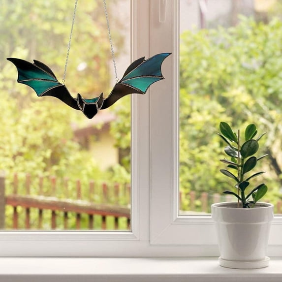 Noothes Halloween Window Hanging Bat Decor Gothic Teal Black Bat Ornament with Hanging Chain for Home Wall Window Christmas Tree Halloween Decor