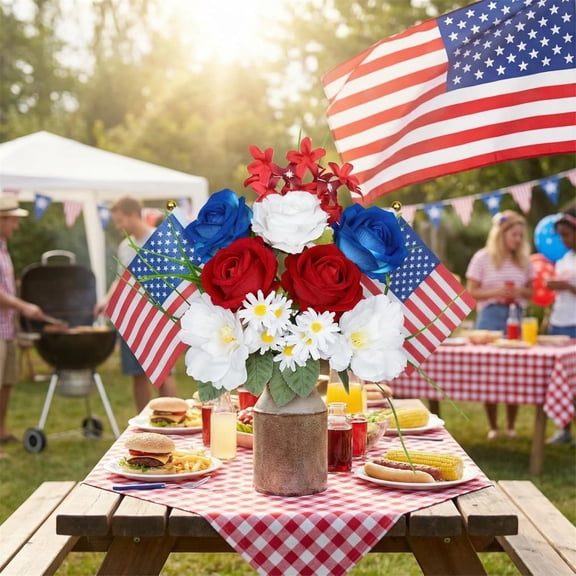 Noothes Patriotic Memorial Bouquet Red White Rose Daisy Artificial Flowers Memorial Day Flowers for Grave American Flag Veterans Themed Centerpiece