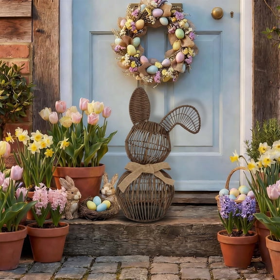 Noothes Rattan Bunny Easter Decorations For Home Handmade Wicker Bunny Natural Easter Bunny Decor For Garden Floor Home Decoration Wicker Bunny Decor