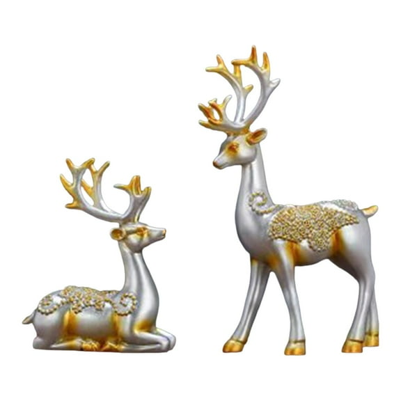 Noothes Resin Reindeer Sculptures 2-Piece Set Standing and Laying Deer Figurines for Christmas Home Desk Decor Living Room Accents