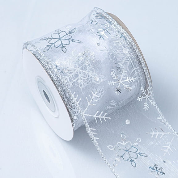 Noothes Snowflake Wired Ribbon 2.5 Inch x 10 Yards Silver Snow Ribbon with White Snowflakes Design for Christmas Tree Wreath Making Gift Wrapping Holiday Decorations