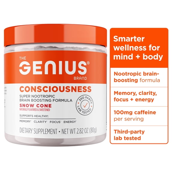 The Genius Brand Genius Consciousness - All-in-One Brain Health Supplement for Clarity - Supports Concentration, Creative Thinking, Energy & Memory - Powered by Nootropics - 15 Servings - Snow Cone