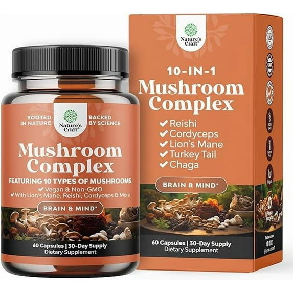 Natures Craft Nootropic Mushroom Complex Lion's Mane Adaptogenic Supplement, 60 Capsules