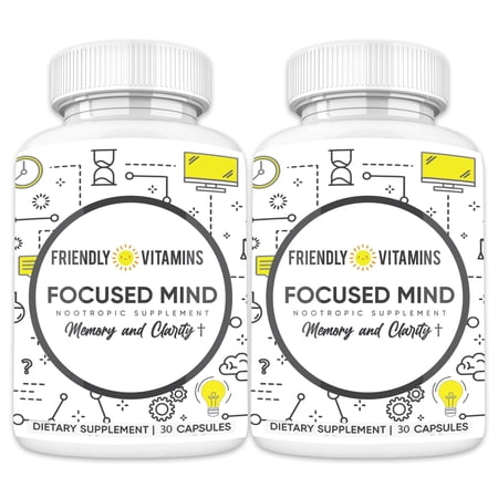 Nootropics Brain Support Supplement - Mental Focus, Memory & Performance with DMAE - Bacopa, B12, Ginkgo, & Rhodiola | 60 Count (Pack of 2)