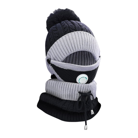 Nooxsoe 3 in 1 Winter Knitted Beanie Hat Face Neck Warmer Set for Women Lining Ski Caps with Pompom D One Size