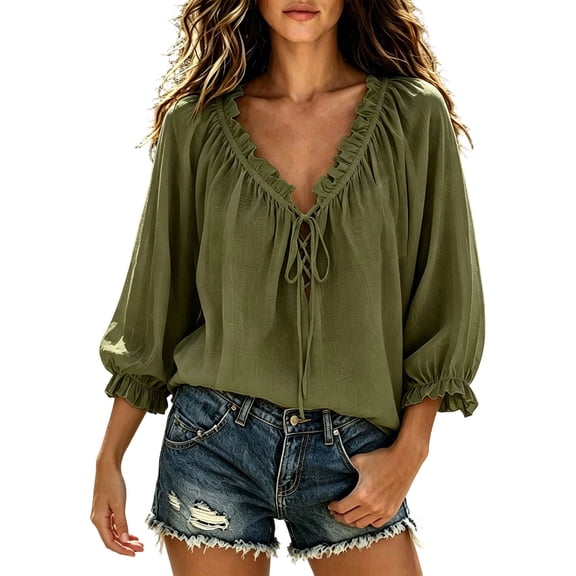 Nooxsoe Boho Tops For Women Peasant Blouses Beach Travel Blouse Comfort Soft Elegant Bohemian Tops Vacation Outfits Boho Peasant Blouses Work Office Blouses Womens Blouses A1-Blackish Green M