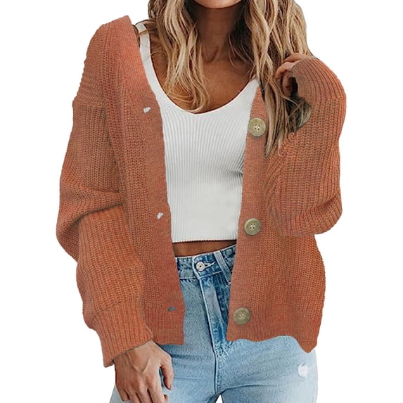Nooxsoe Cardigan Sweater for Women Open Front Sweater Lightweight Soft Knit Cardigan V-neck Fall S Flattering Fit Soft Knit Button Down Sweaters Cardigans Womens Cardigan Sweater Orange L